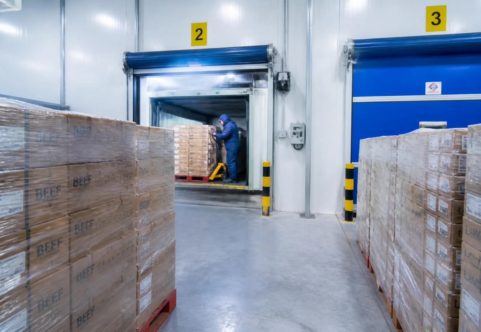 Cold storage warehouse with pallets of vacuum-sealed frozen halal meat cartons